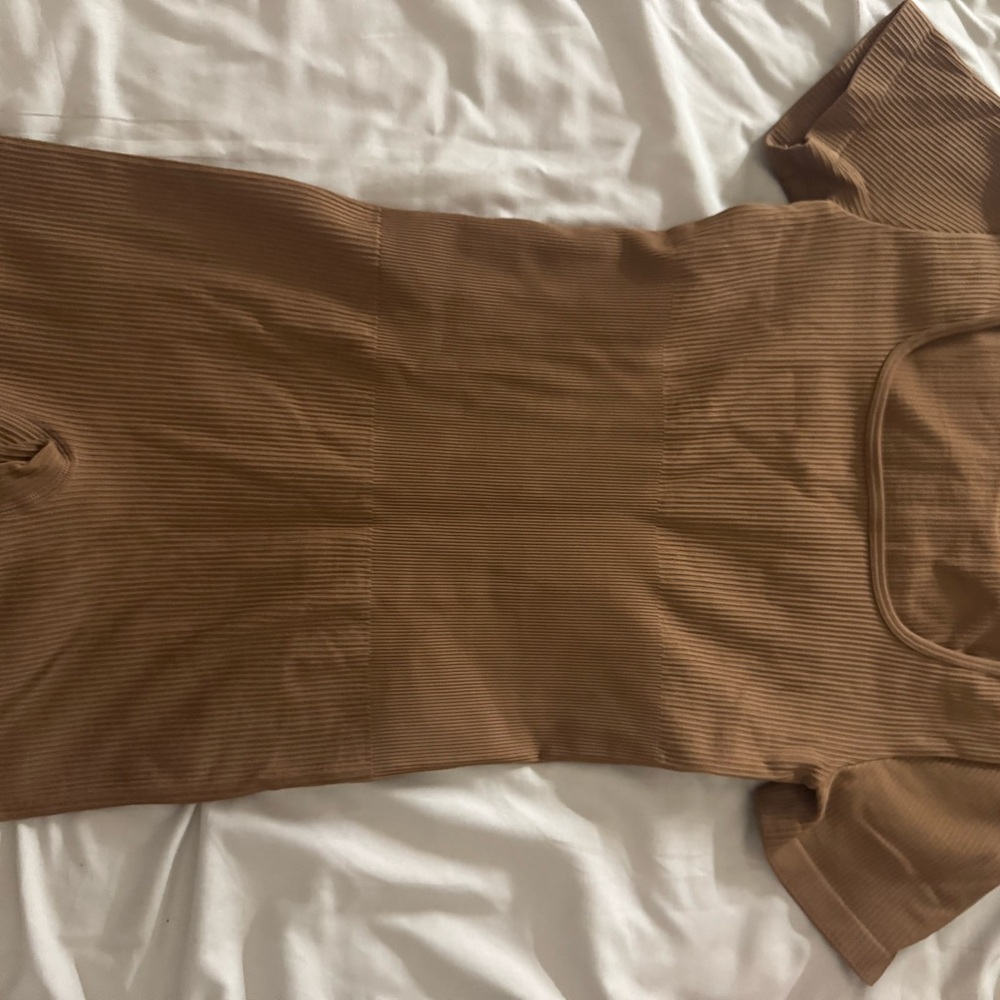 Ribbed Square-Neck Short-Sleeve Jumpsuit in Camel